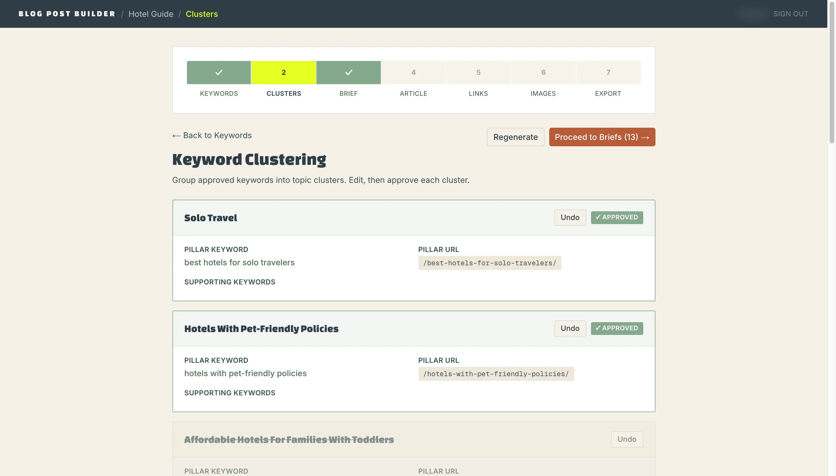 The Blog Post Builder screen of The Santiago Guide dashboard