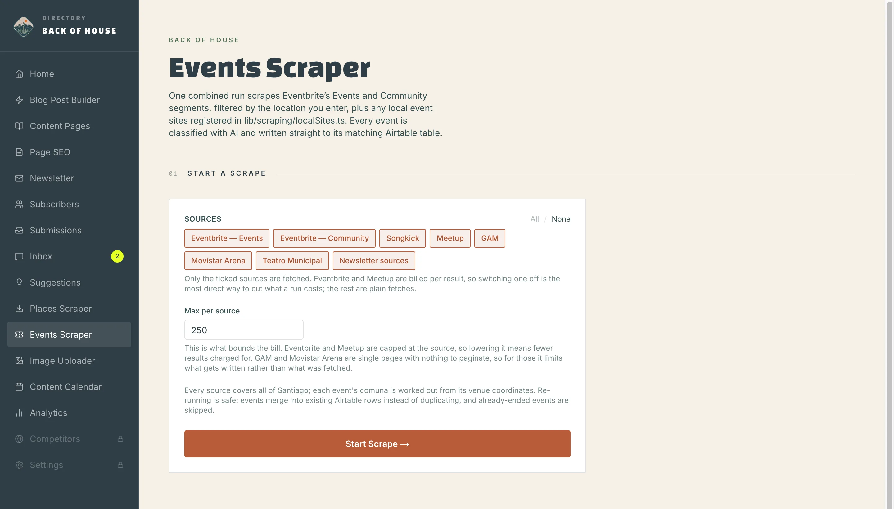 The Events Scraper screen of The Santiago Guide dashboard