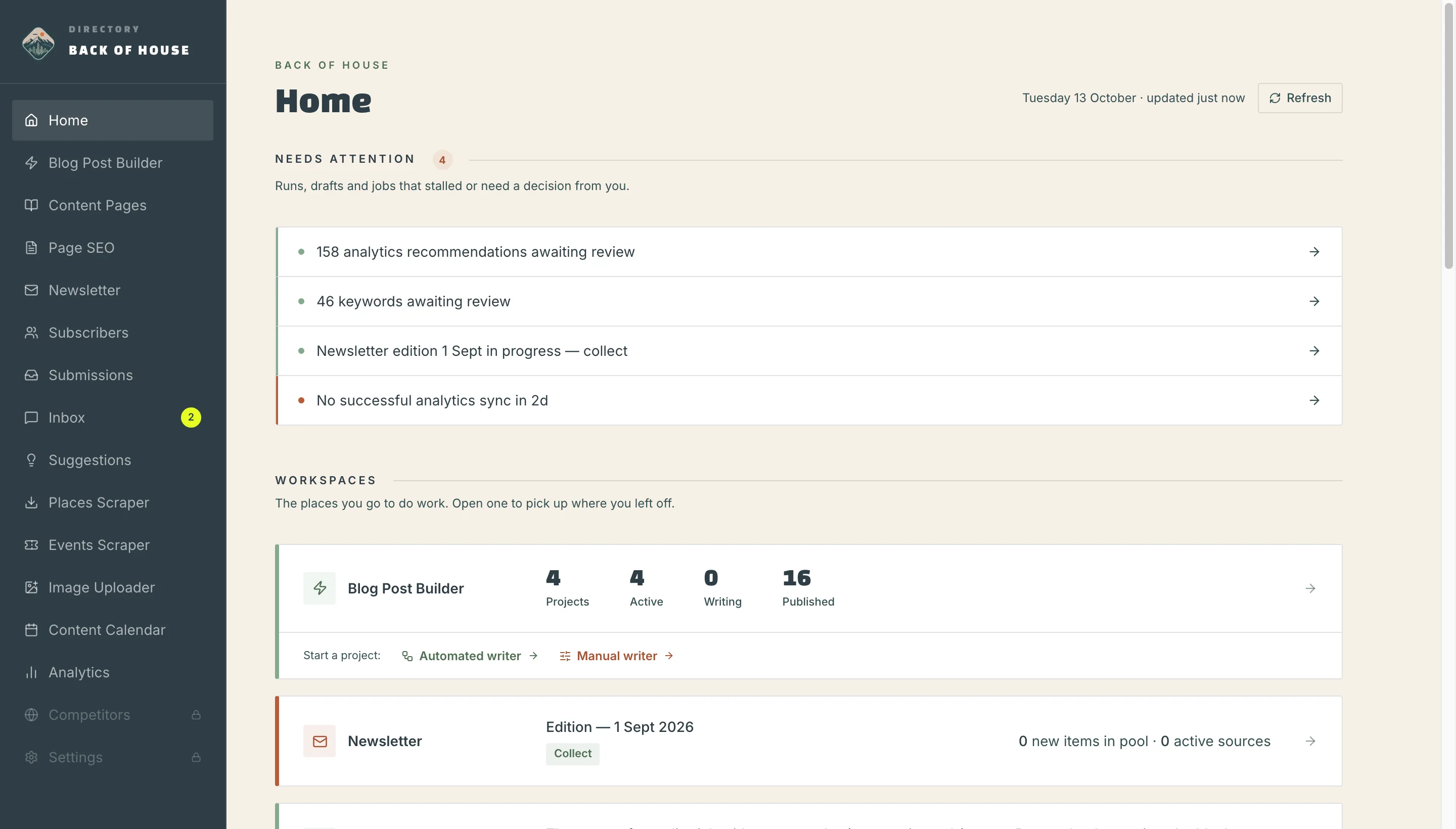 The Home screen of The Santiago Guide dashboard