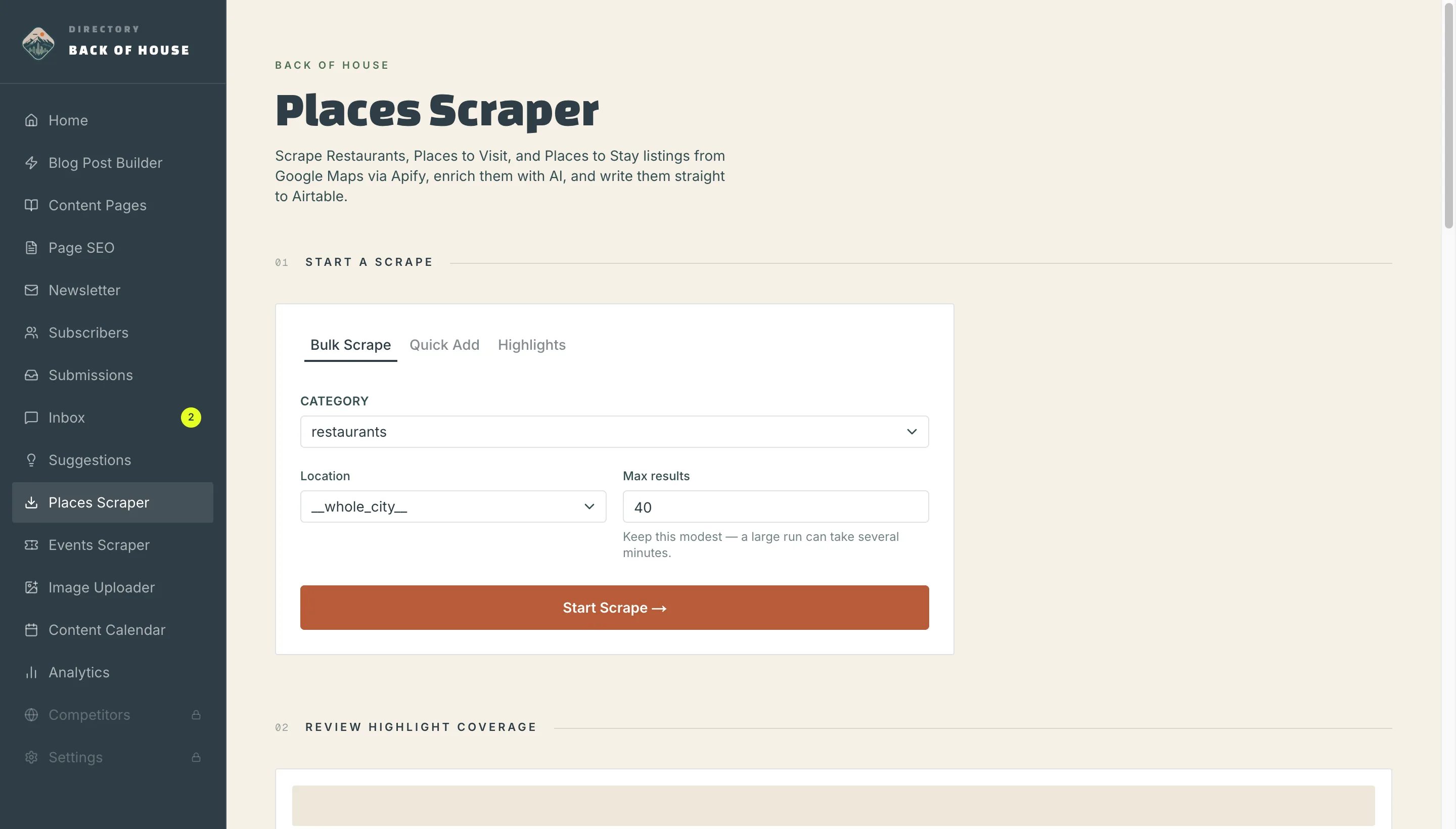 The Places Scraper screen of The Santiago Guide dashboard